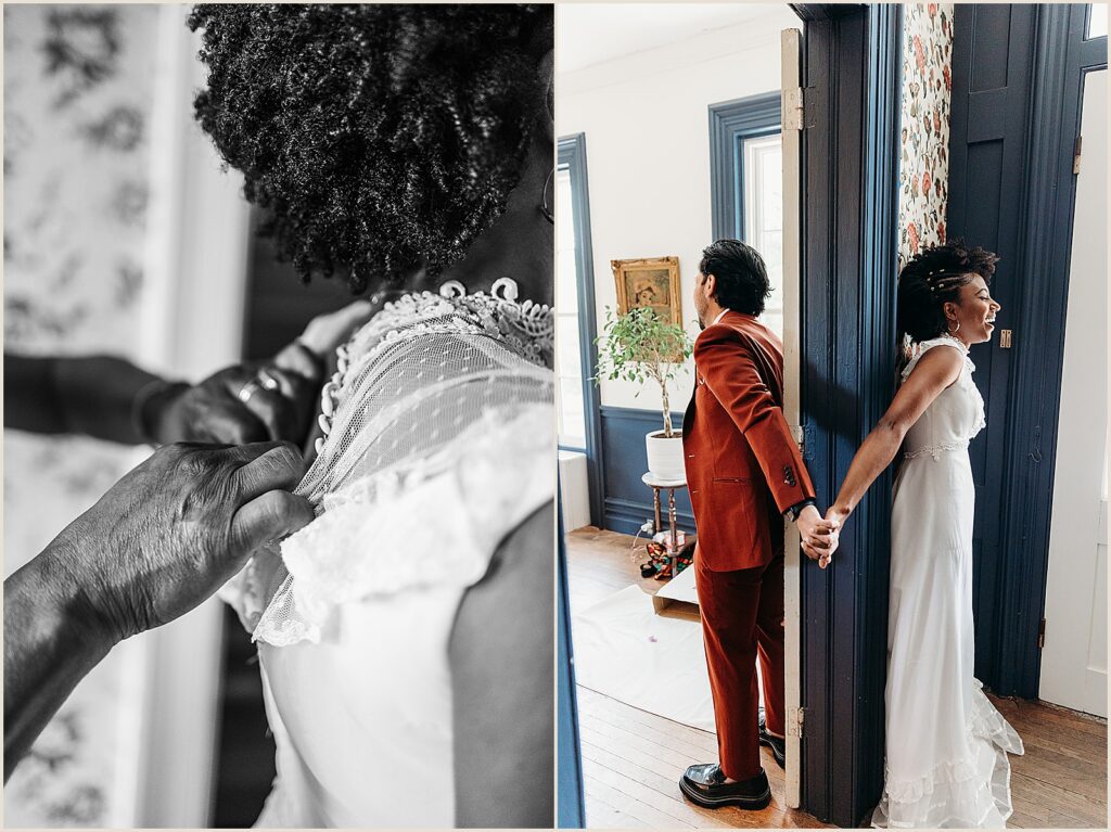 A bride and groom have a first touch in a doorway in the house at the Maples Estate.