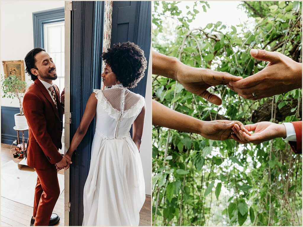 A bride and groom hold hands beside a tree.