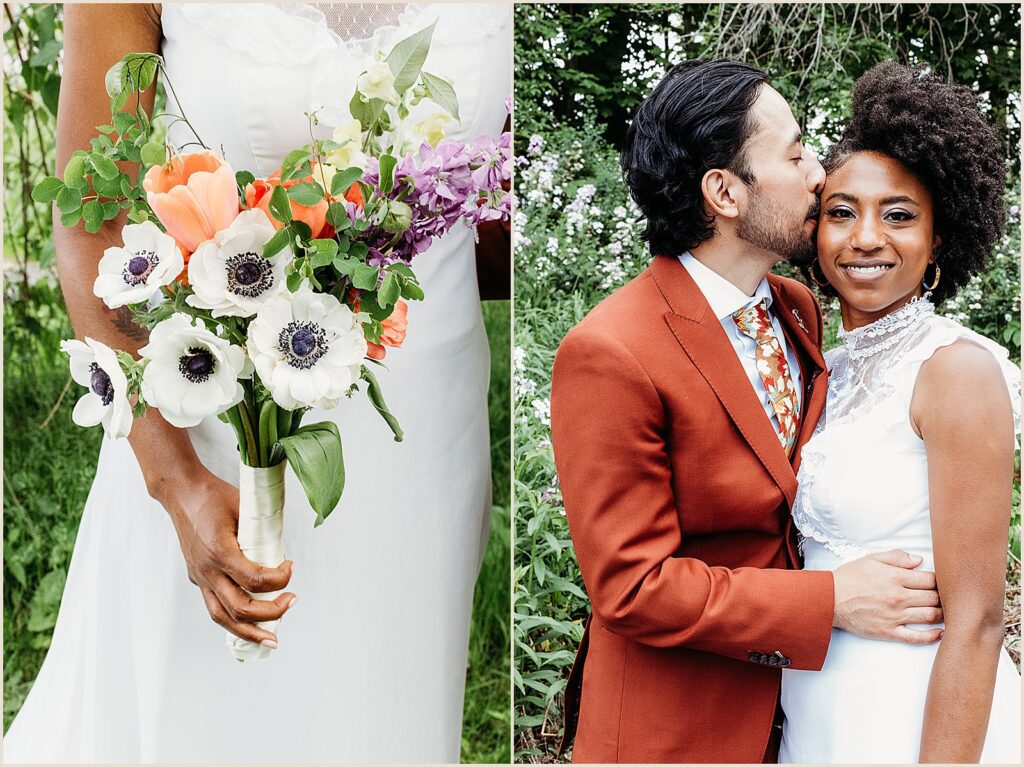 A groom kisses a bride's forehead before a wedding at The Maples Estate.
