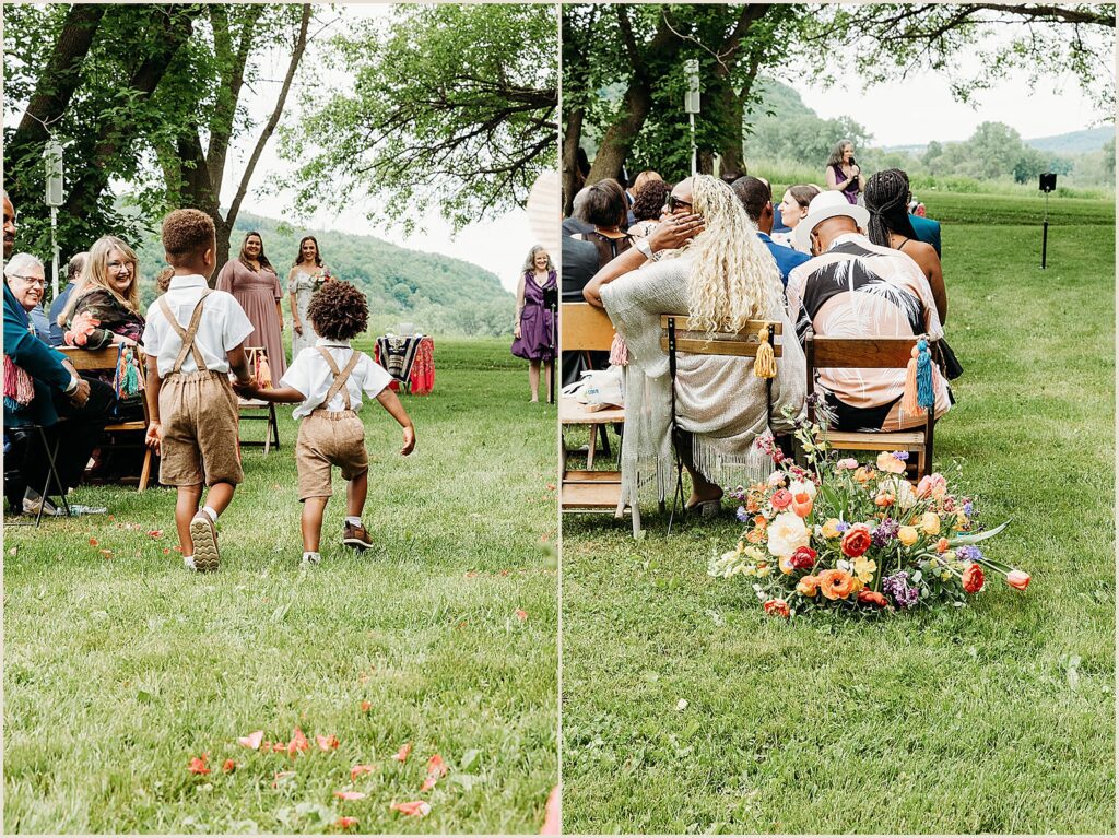 Wedding guests sit in folding chairs before a ceremony at The Maples Estate.