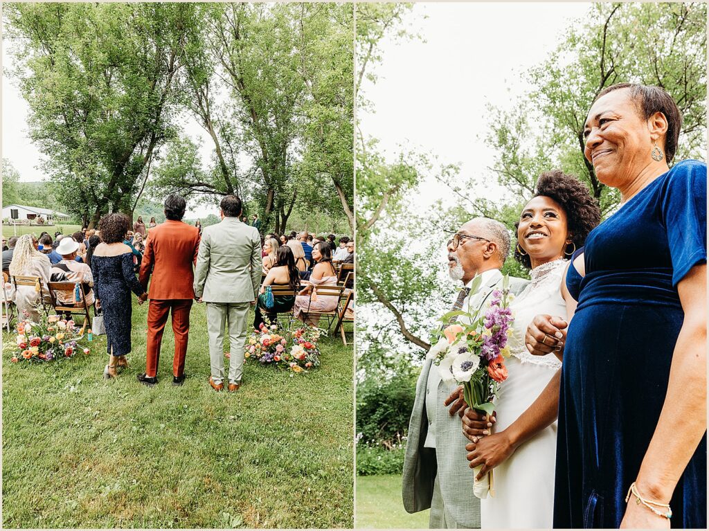 A bride and her parents smile as they walk up the aisle.
