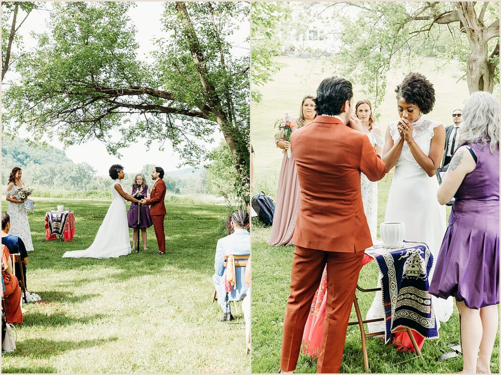 A bride and groom hold hands during a wedding ceremony at The Maples Estate.