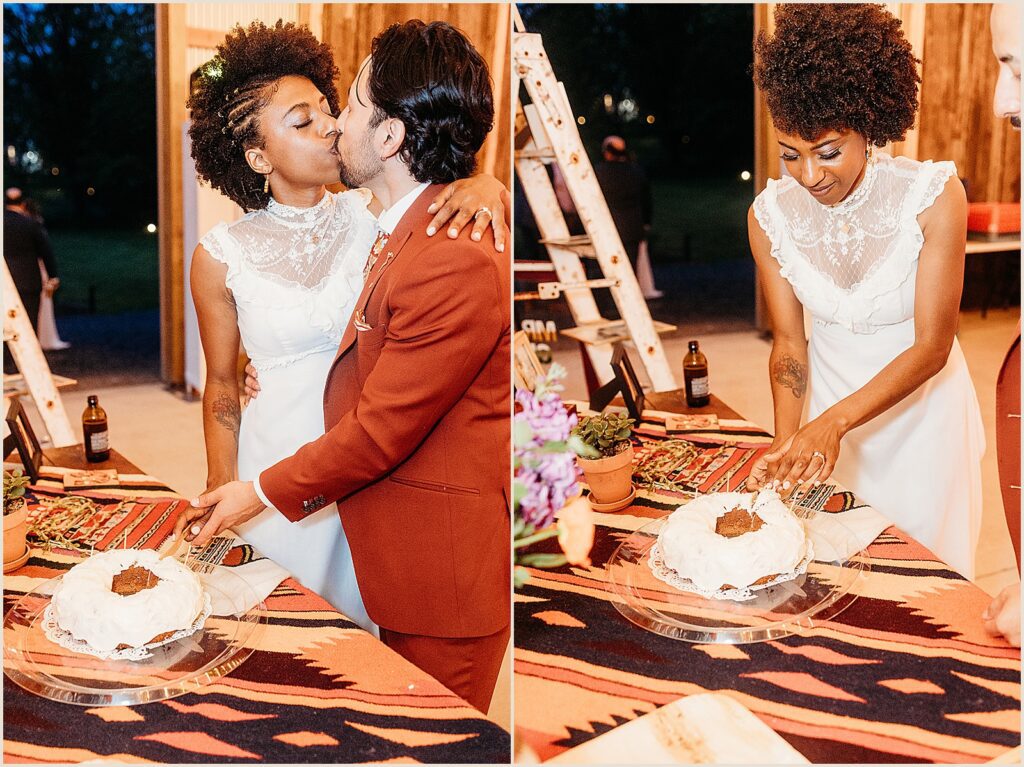 A bride and groom cut into a wedding cake.