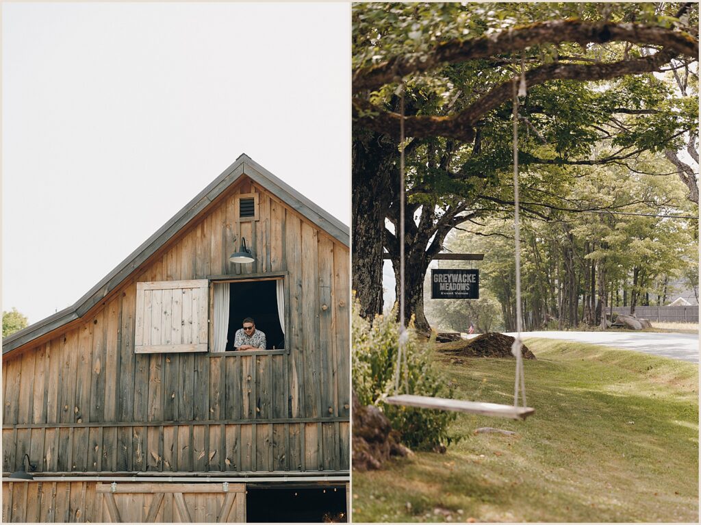 A swing hangs from a tree at the entrance of Greywacke Meadows.