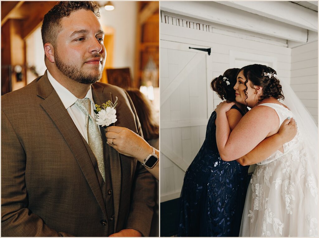 A bride hugs her mother.