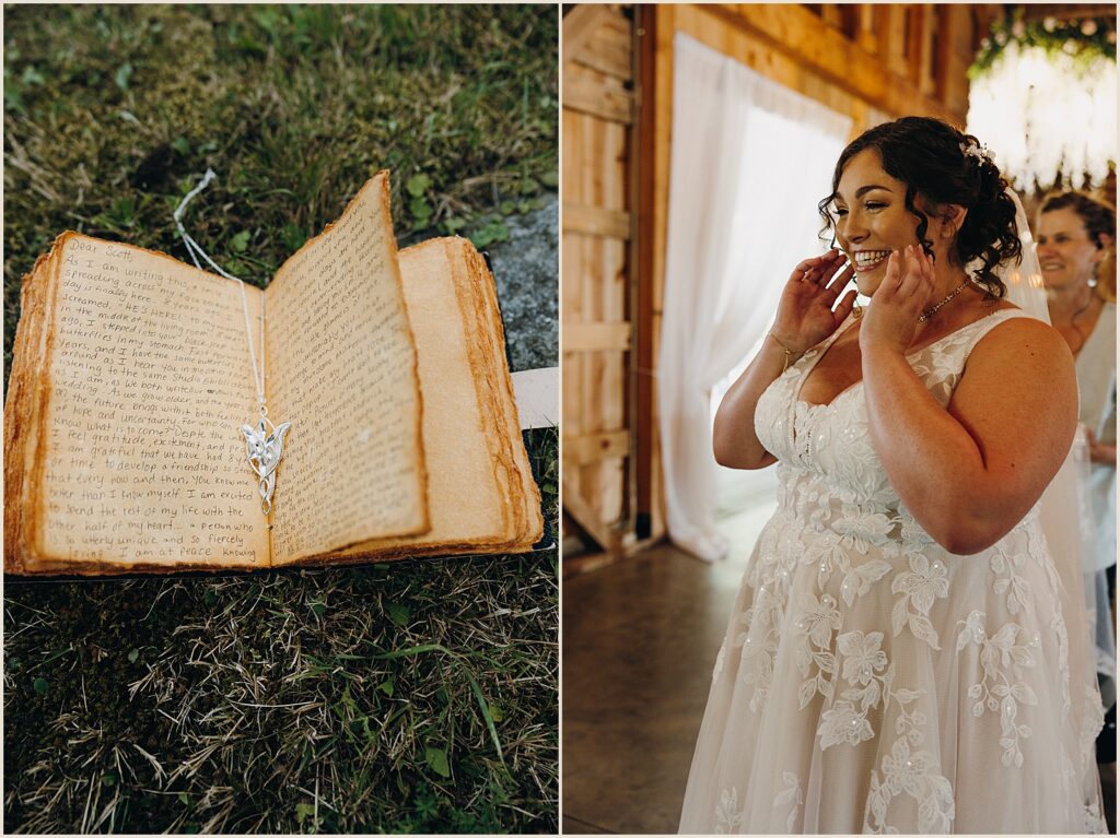 A necklace lays on a notebook with a bride's vows at a Lord of the Rings themed wedding.