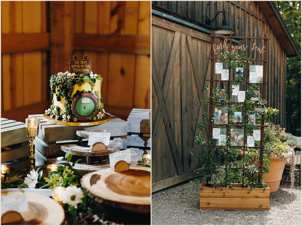 A wedding cake for a Lord of the Rings themed wedding sits on a desert table.