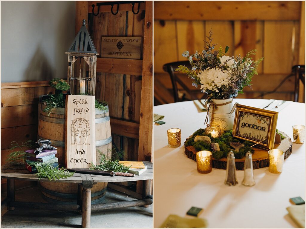 Custom wedding signs sit on a wedding barrel.