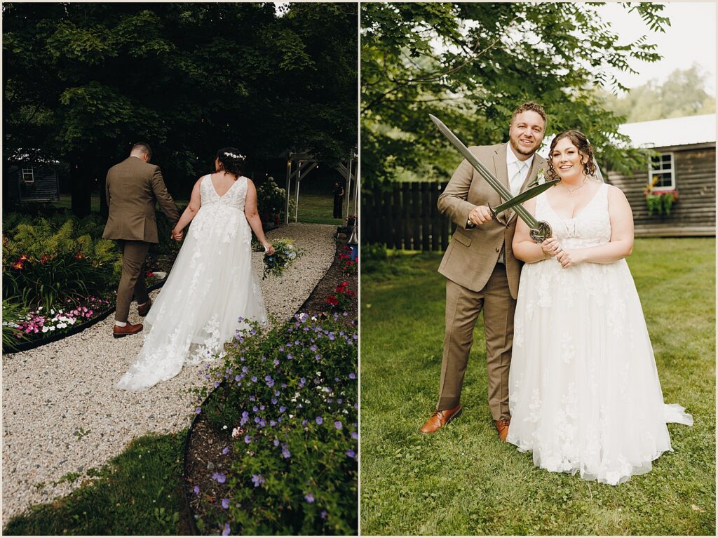 A bride and groom pose with swords at a Lord of the Rings themed wedding.