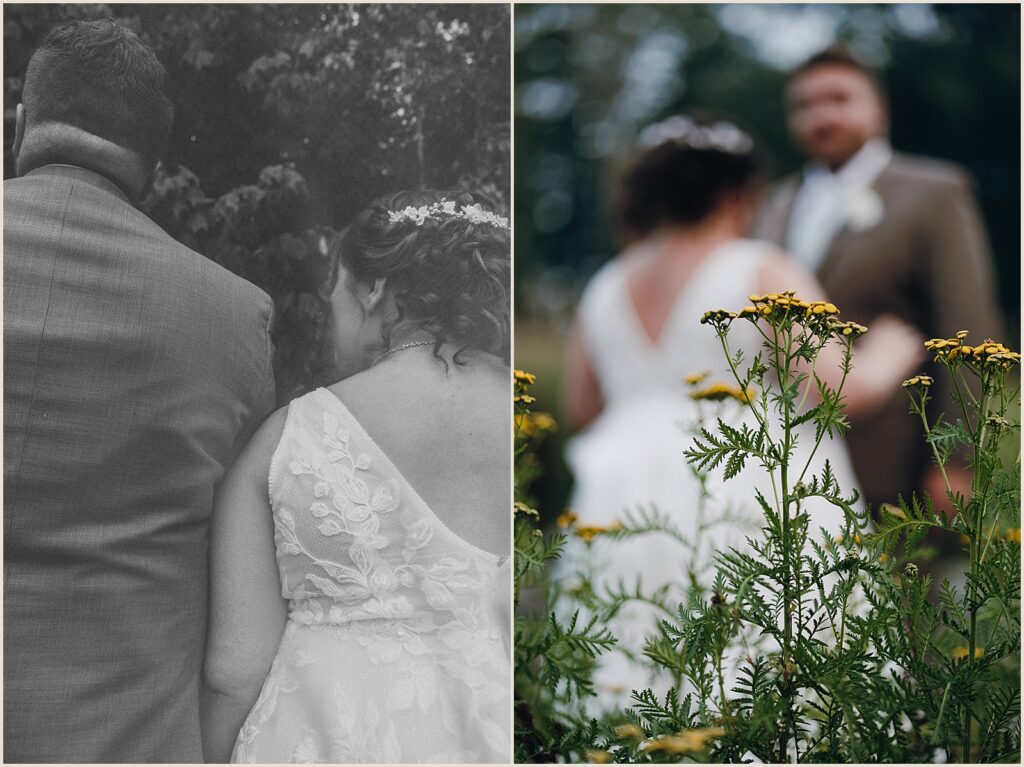 A bride and groom pose for an Adirondack wedding photographer in a field of yellow wildflowers.