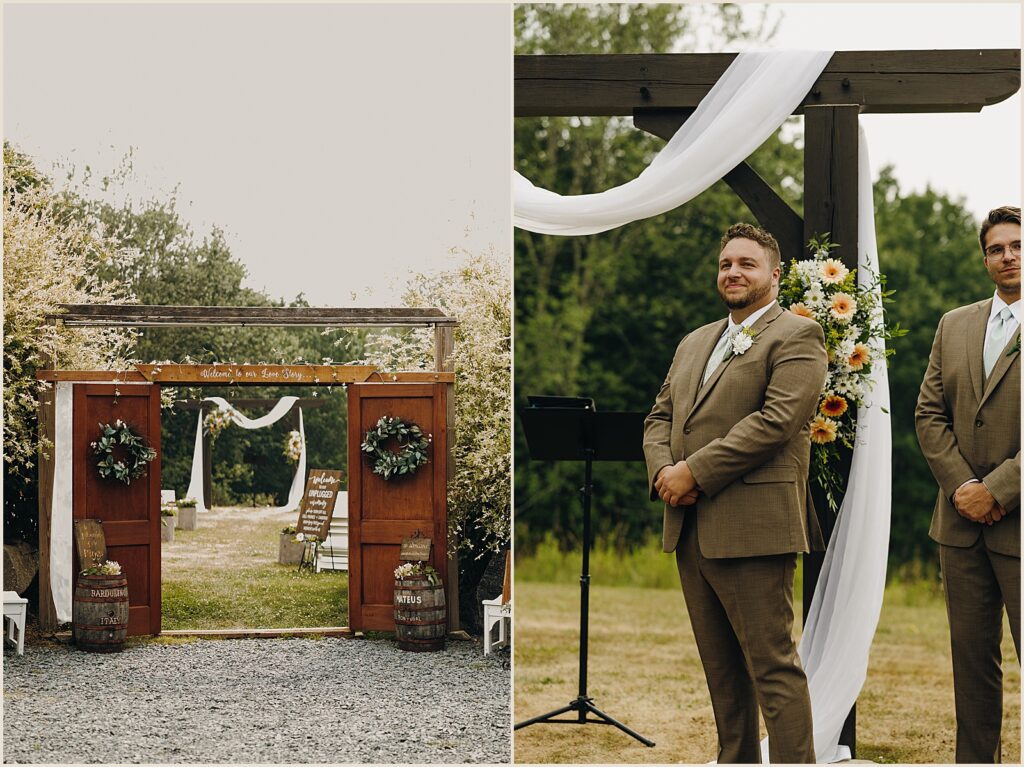 A groom stands beside a floral installation at a Greywacke Meadows wedding.