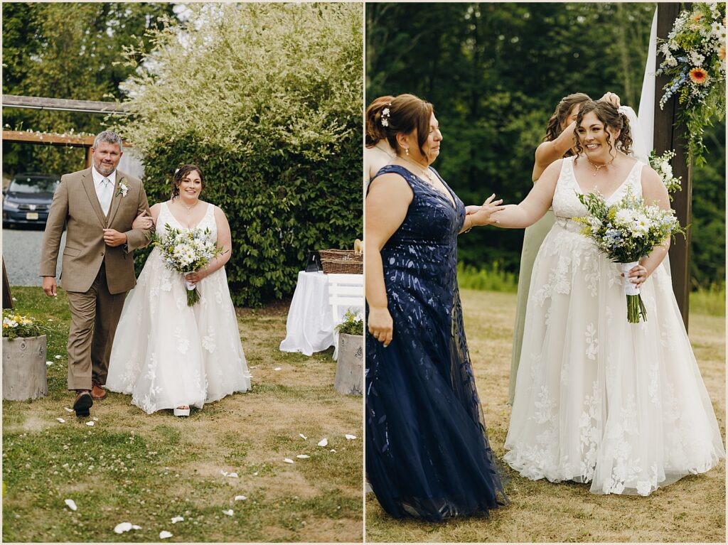 A bride's father walks her up the aisle.