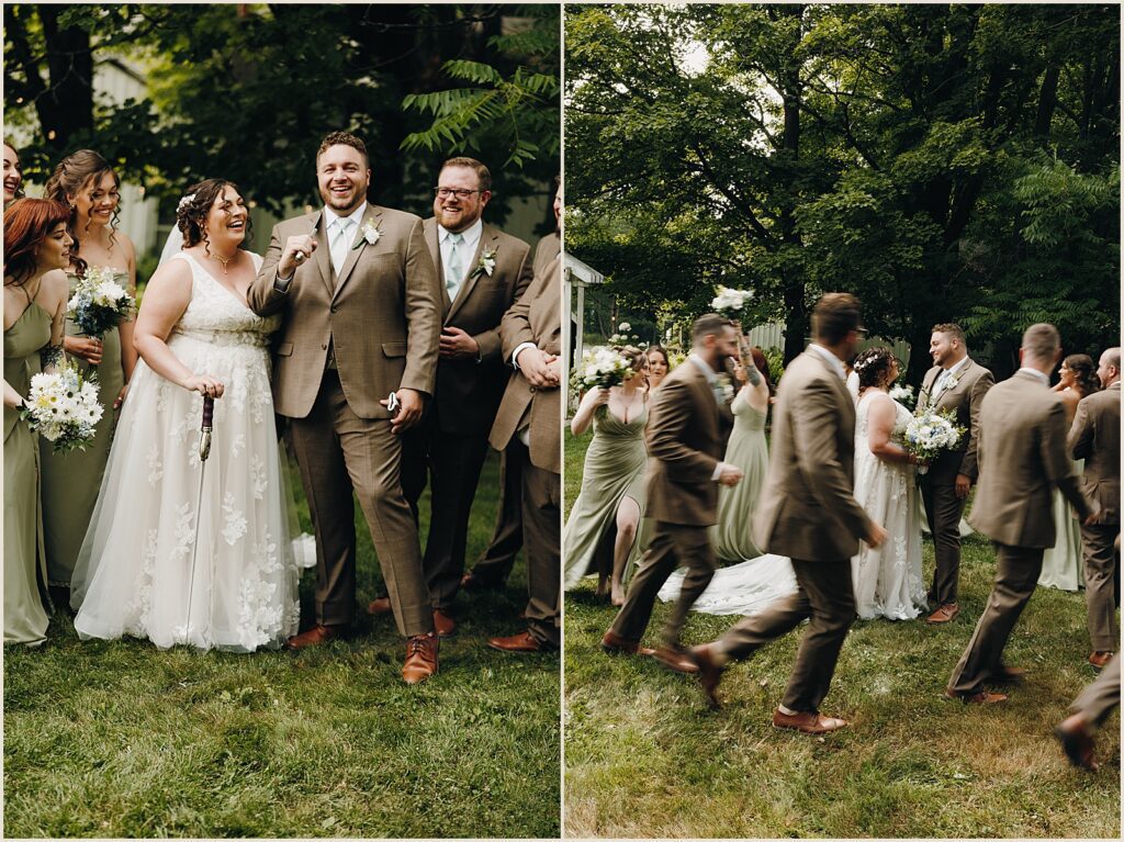 A bride and groom laugh with their wedding party.