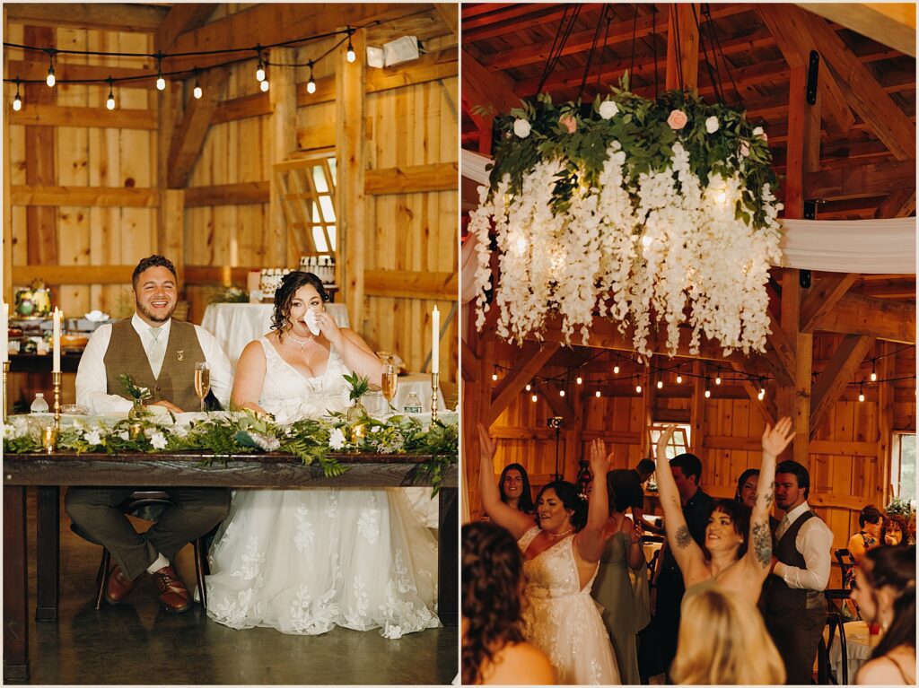 A bride wipes away a tear during a. wedding toast at a Greywacke Meadows wedding reception.