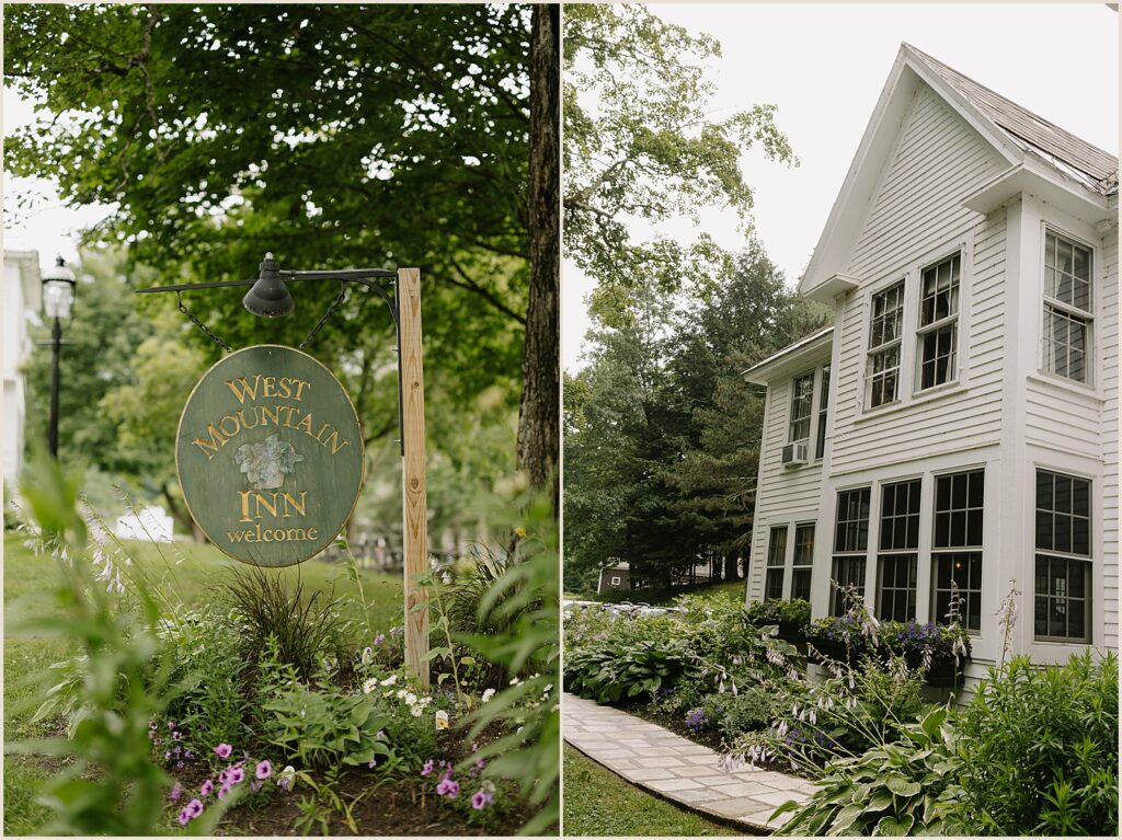 A green sign hangs outside the West Mountain Inn on a rainy day.