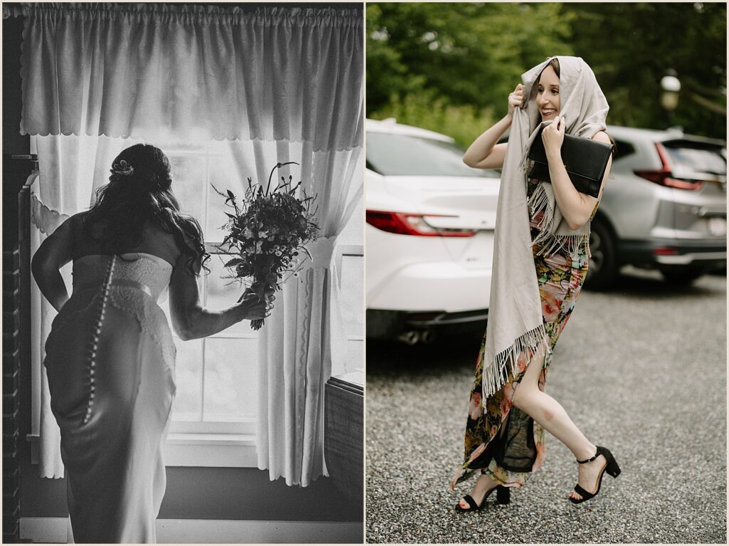 A bride peeks out a window in a Vermont hotel.