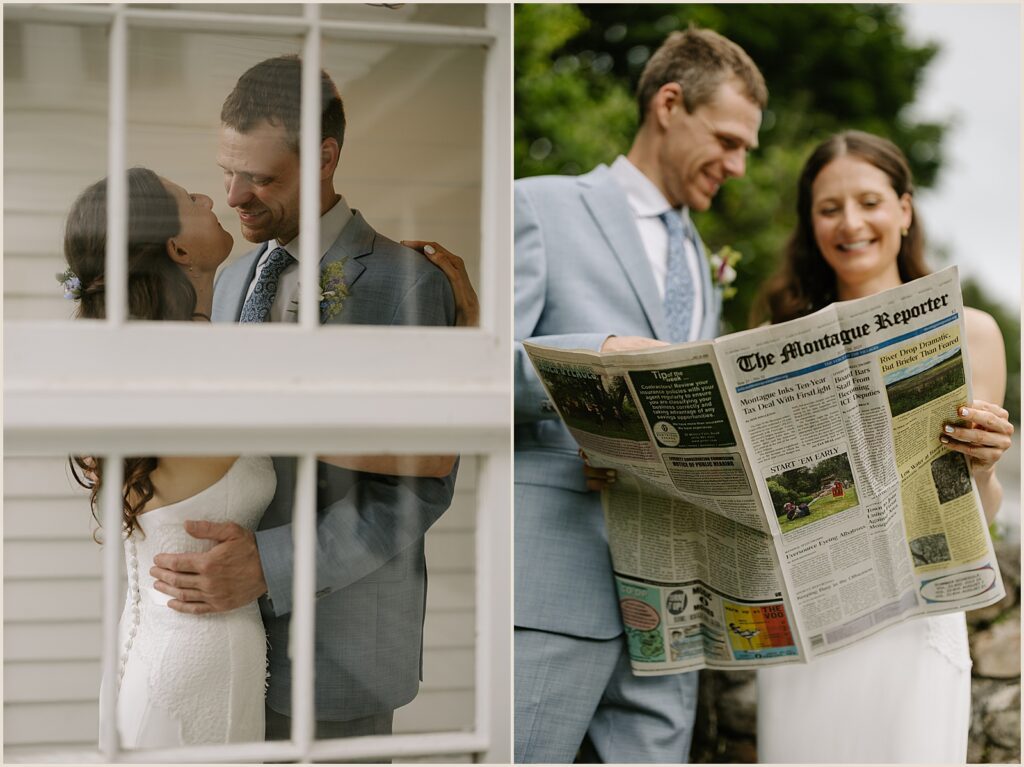 A bride and groom read a Vermont newspaper.