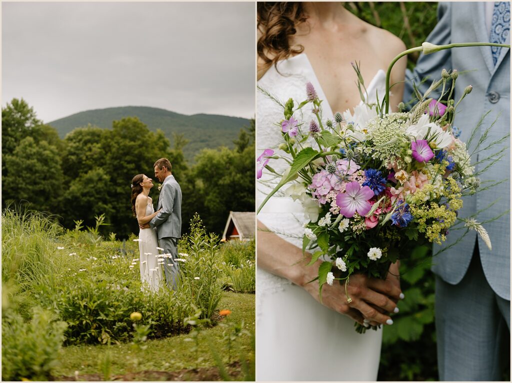 A bride holds a bouquet in the garden at a West Mountain Inn wedding.