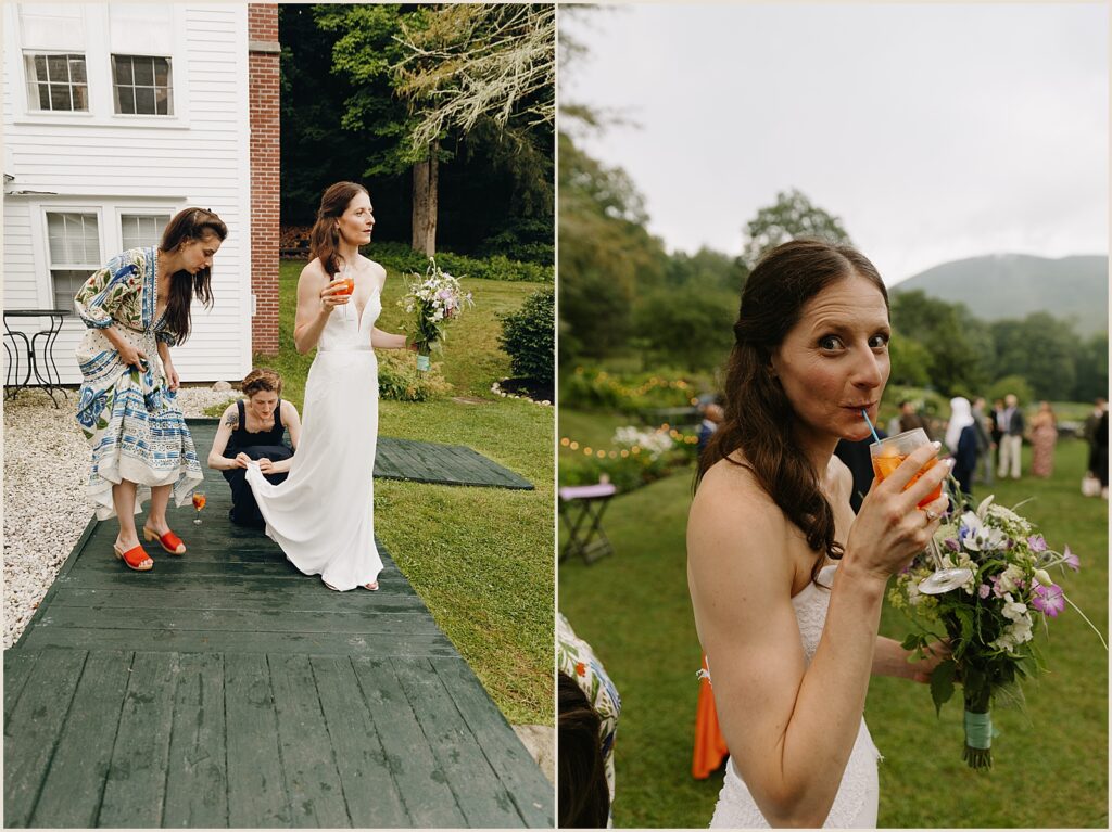 A bride drinks a colorful cocktail.