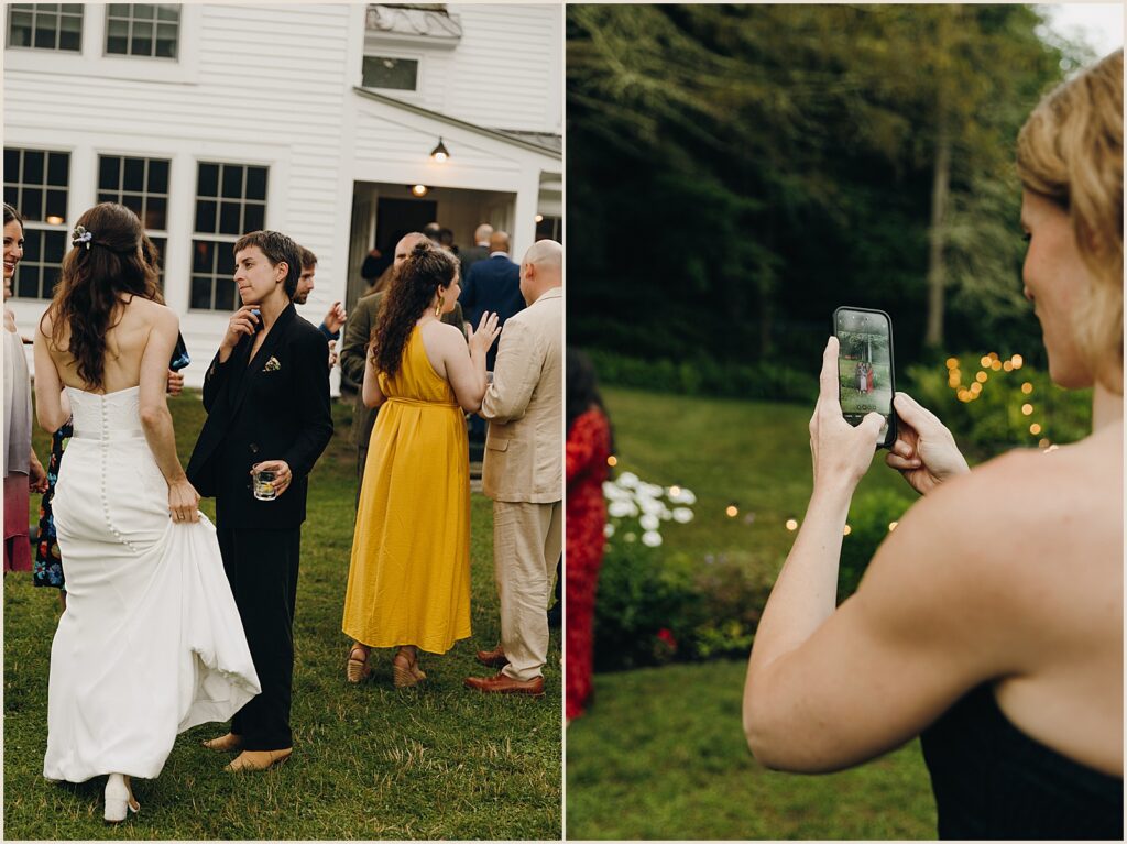A wedding guest takes a phone photo.