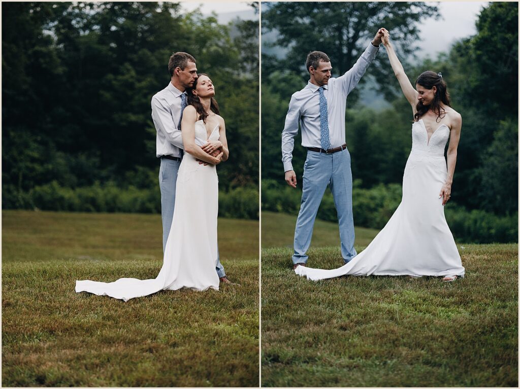 A groom twirls a bride in a field outside the West Mountain Inn.
