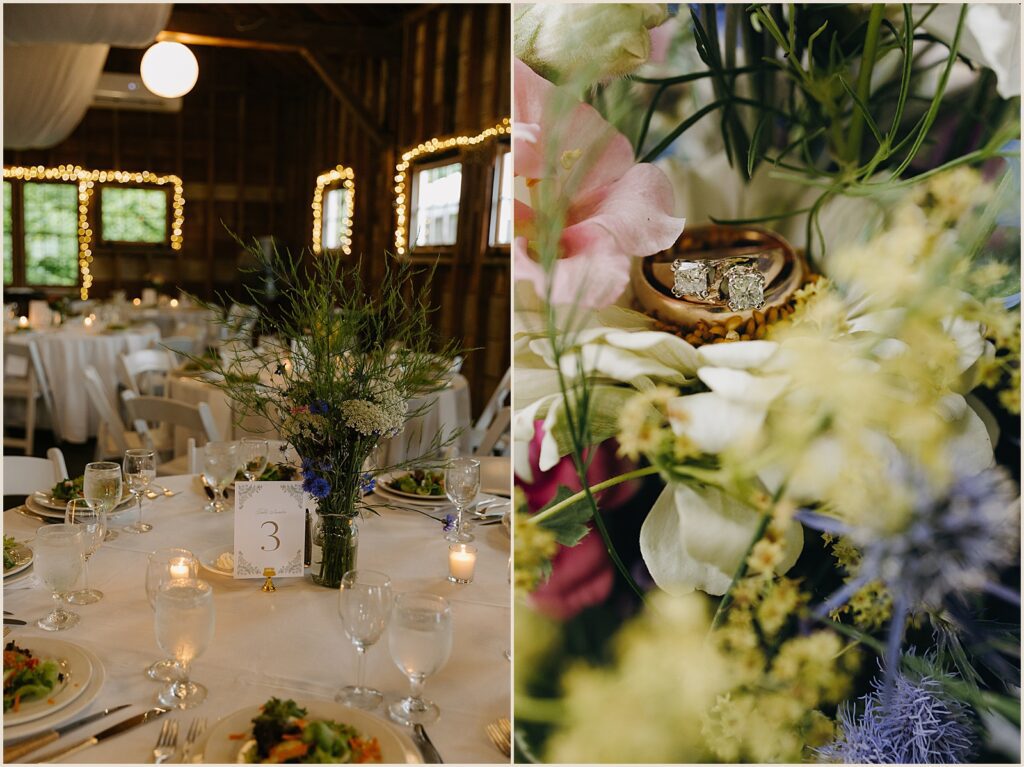 Rings nestle in a wedding bouquet.