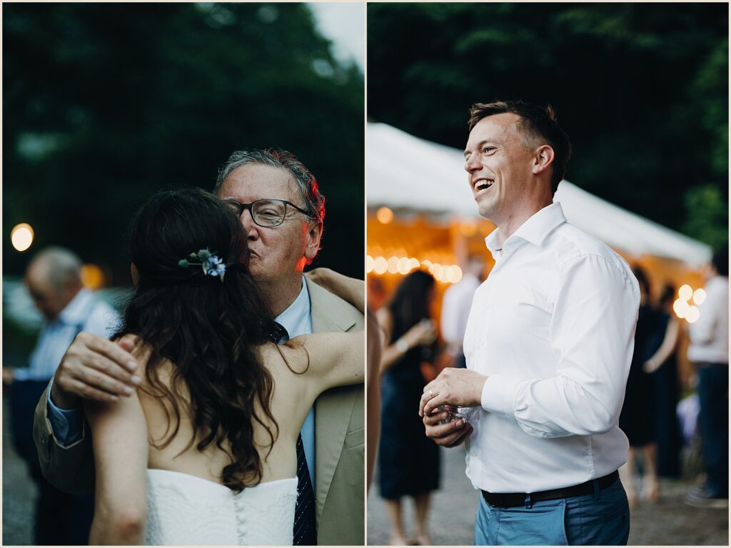A guest kisses a bride's cheek.