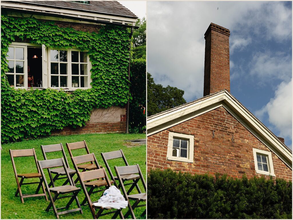Chairs are set up on the lawn at Windrift Hall for a wedding ceremony.