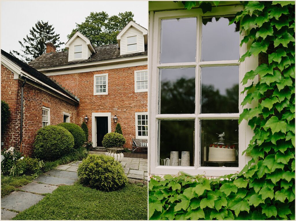 A wedding cake sits in the window of a Catskills wedding venue.
