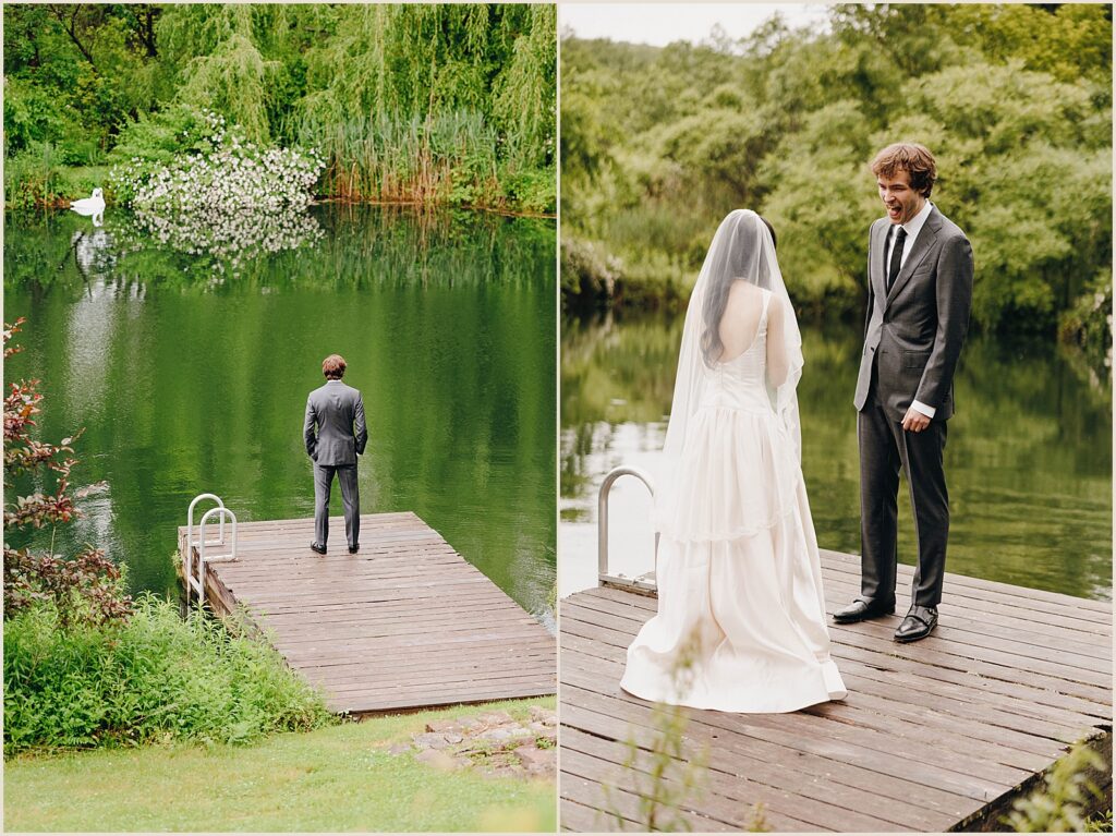 A groom waits for a bride on a dock at Windrift Hall.