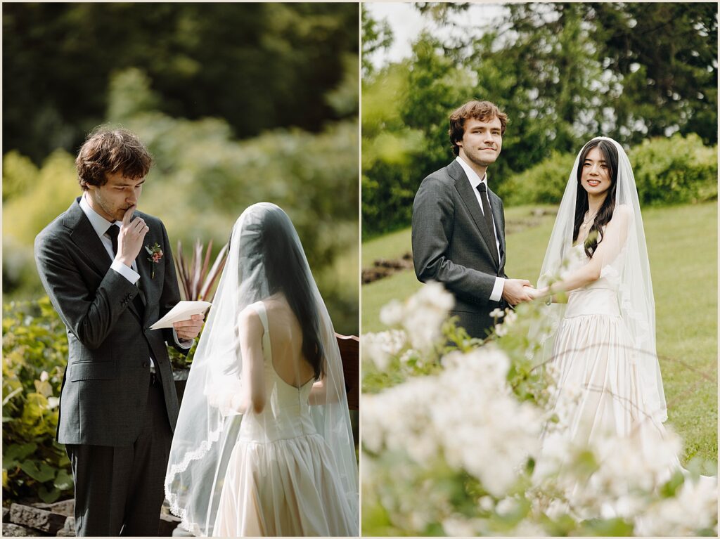 A groom reads private vows from a paper.
