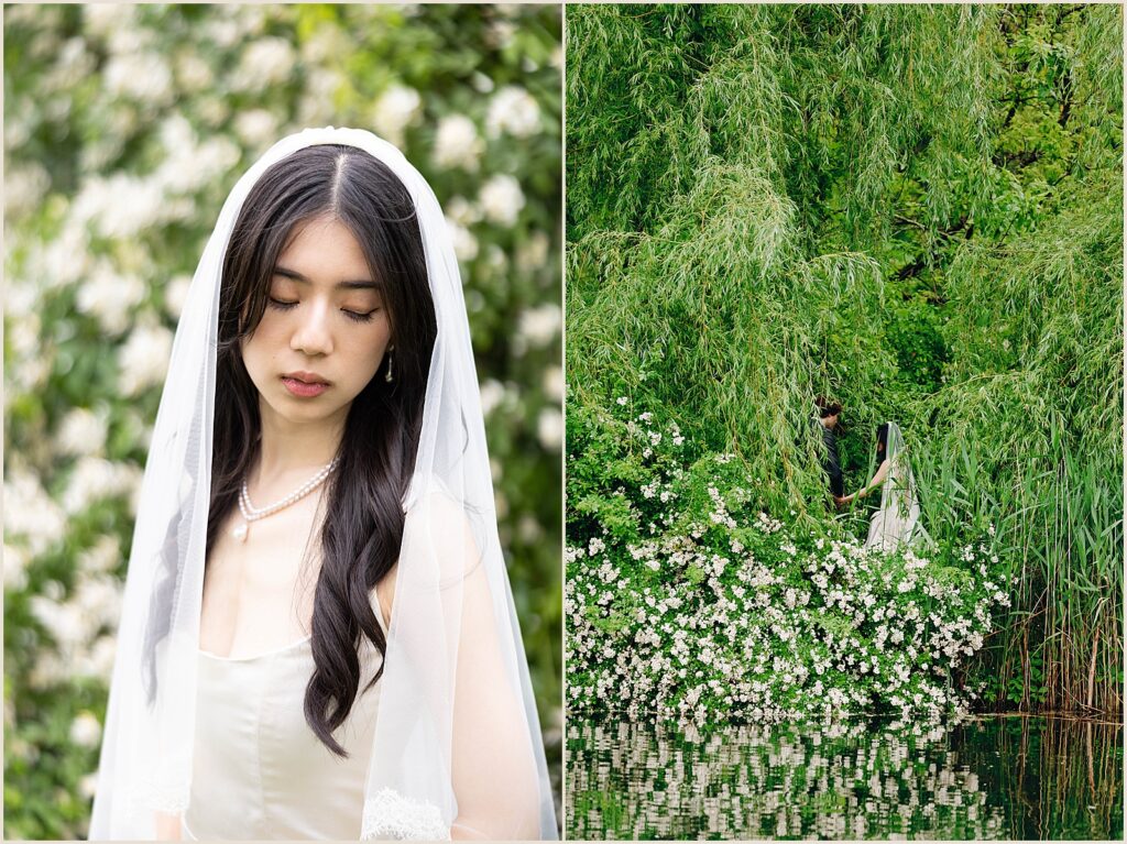 A bride and groom hold hands beside a lake at Windrift Hall.