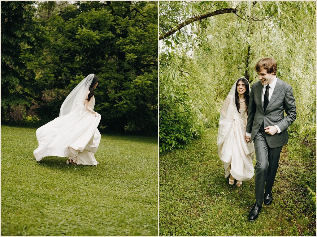 A bride runs down a grassy hill at a Catskills wedding venue.