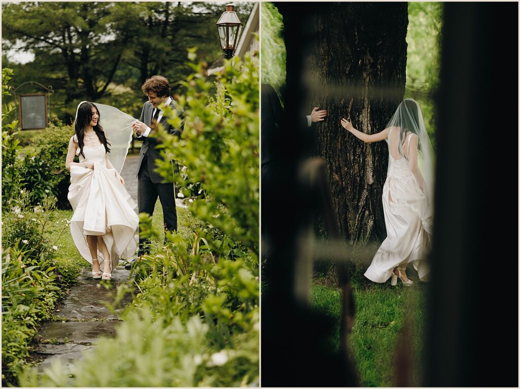 A bride and groom walk around a tree.