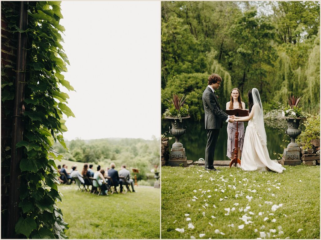 A bride and groom hold hands during a wedding ceremony at Windrift Hall.