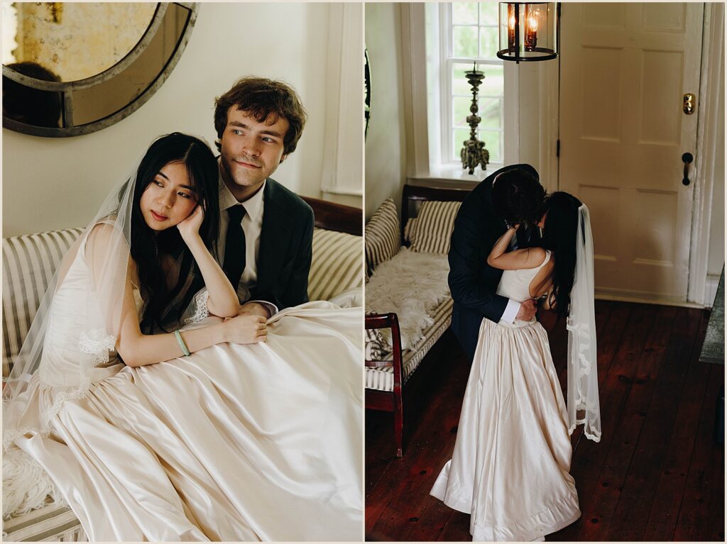 A bride and groom sit on a vintage couch inside Windrift Hall.