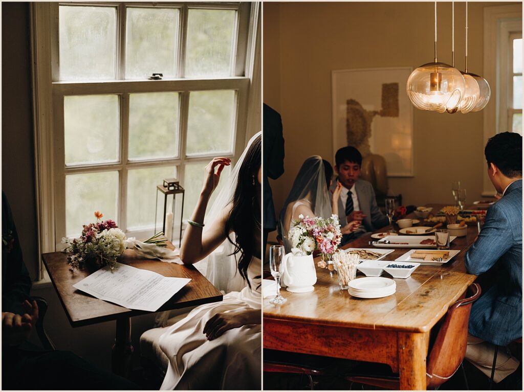 A bride eats lunch with family members.