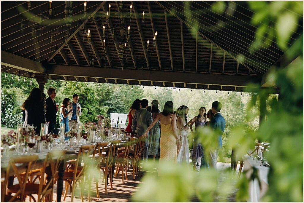 Wedding guests gather for an outdoor reception.