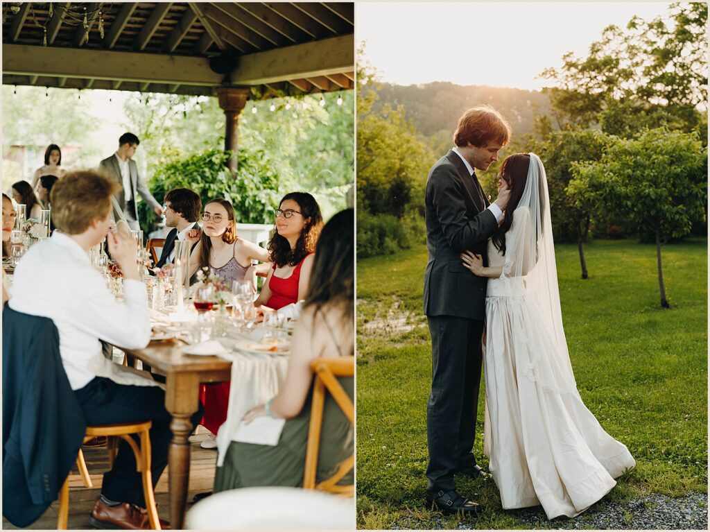 A bride and groom pose for a golden hour wedding portrait.