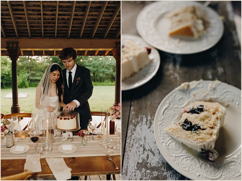 A bride and groom lift a lid off of a cake.
