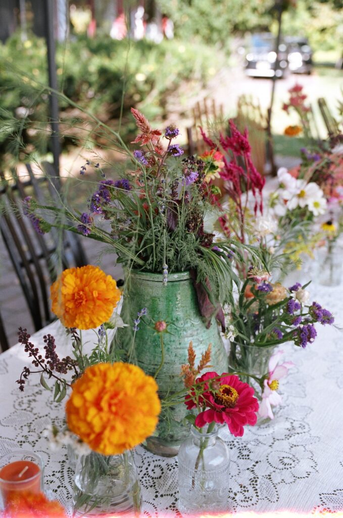 Table scape with intentionally picked flowers with a nod to intention